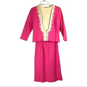 VTG Marie Phillips Pink Ivory 100% Worsted Wool Flat Knit Suit Skirt Set Women M